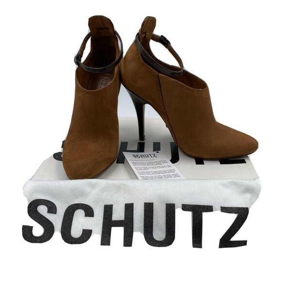 Schutz Whisky brown Suede Nubuck high heel ankle strap pointy Booties Size 5 - Picture 1 of 6